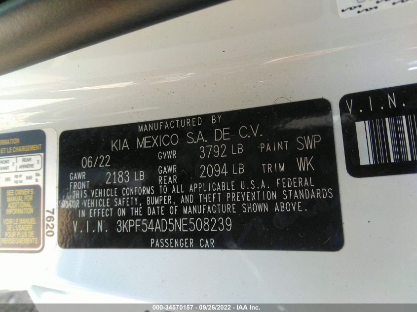 VIN 3KPF54AD5NE508239 2022 KIA FORTE no.9