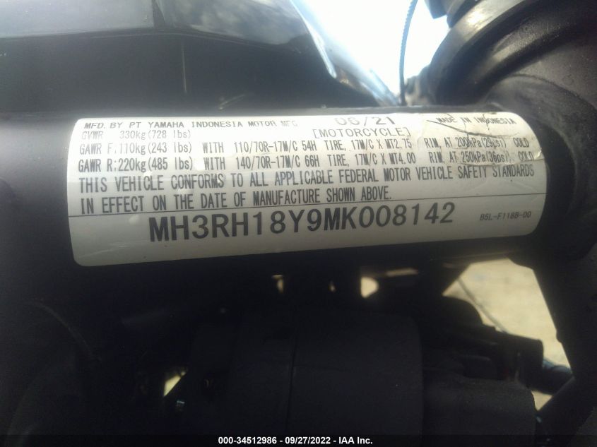 2021 YAMAHA YZFR3 A MH3RH18Y9MK008142