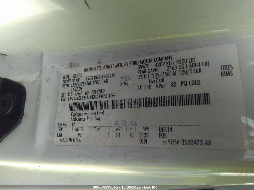2013 FORD ECONOLINE CARGO VAN COMMERCIAL 1FDSS3EL4DDB02354