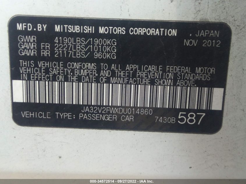 2013 MITSUBISHI LANCER SE JA32V2FWXDU014860