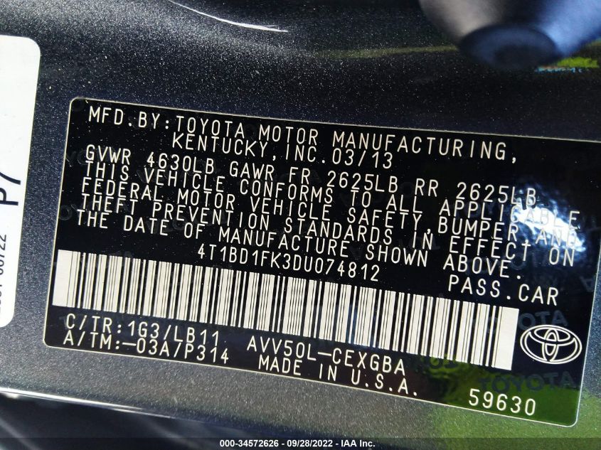 2013 TOYOTA CAMRY HYBRID LE/XLE 4T1BD1FK3DU074812