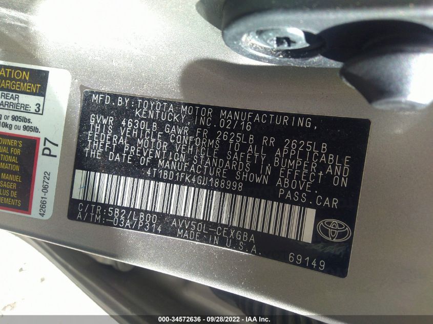 2016 TOYOTA CAMRY HYBRID LE/XLE/SE 4T1BD1FK4GU188998