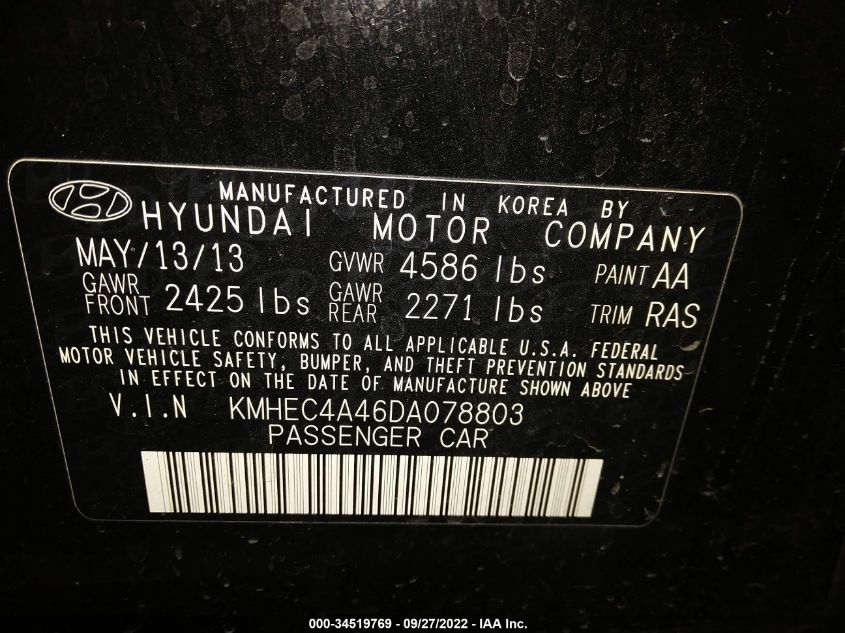 2013 HYUNDAI SONATA HYBRID KMHEC4A46DA078803
