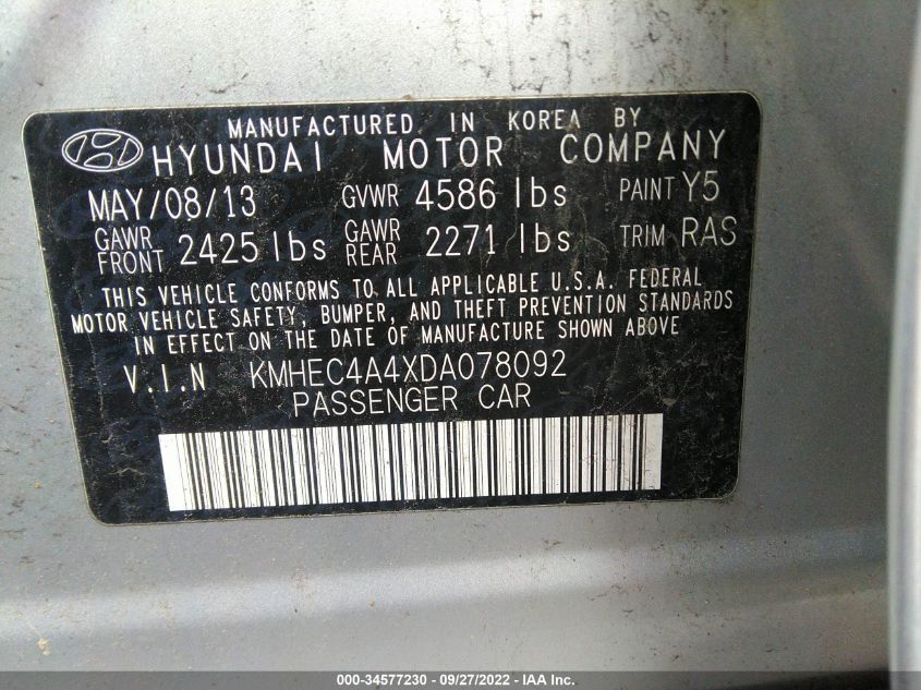 2013 HYUNDAI SONATA HYBRID KMHEC4A4XDA078092
