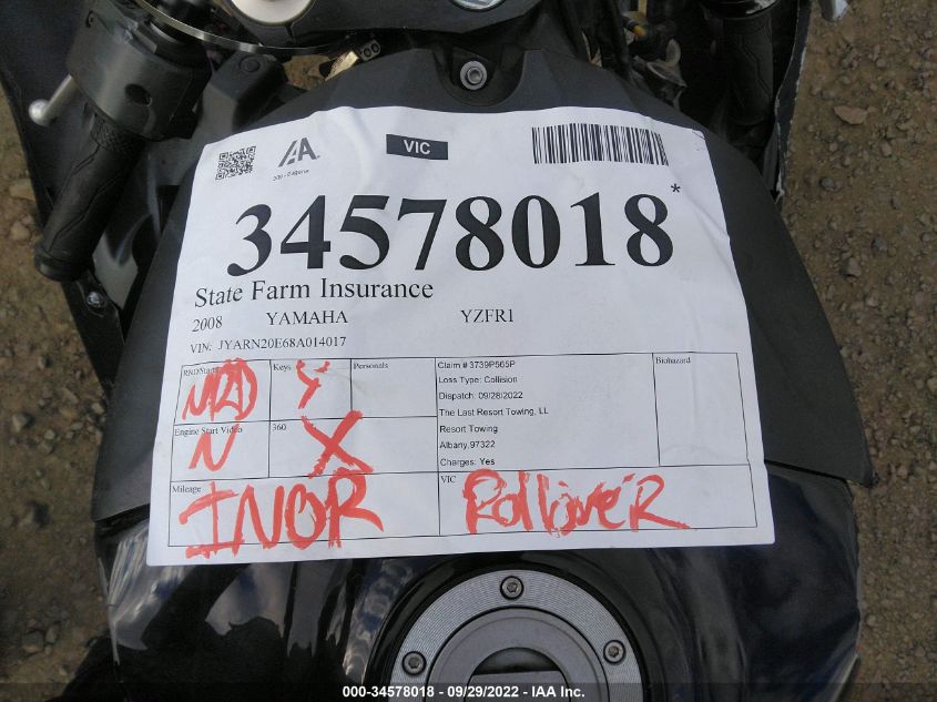 2008 YAMAHA YZFR1 JYARN20E68A014017