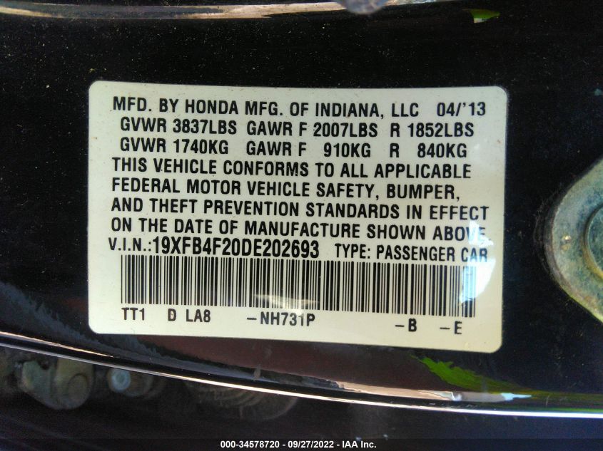 2013 HONDA CIVIC HYBRID 19XFB4F20DE202693