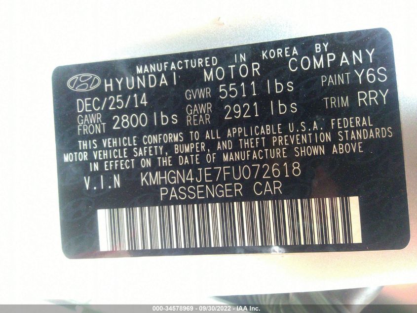 2015 HYUNDAI GENESIS 3.8L KMHGN4JE7FU072618