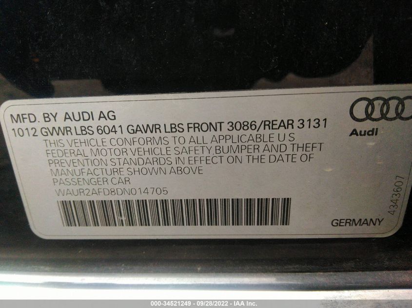 2013 AUDI A8 L 4.0L WAUR2AFD8DN014705