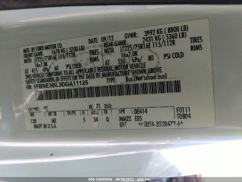 2013 FORD ECONOLINE WAGON XL/XLT 1FBNE3BL3DDA11125