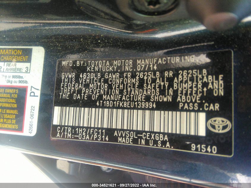 2014 TOYOTA CAMRY HYBRID LE/XLE/SE LIMITED EDITION 4T1BD1FK8EU139994