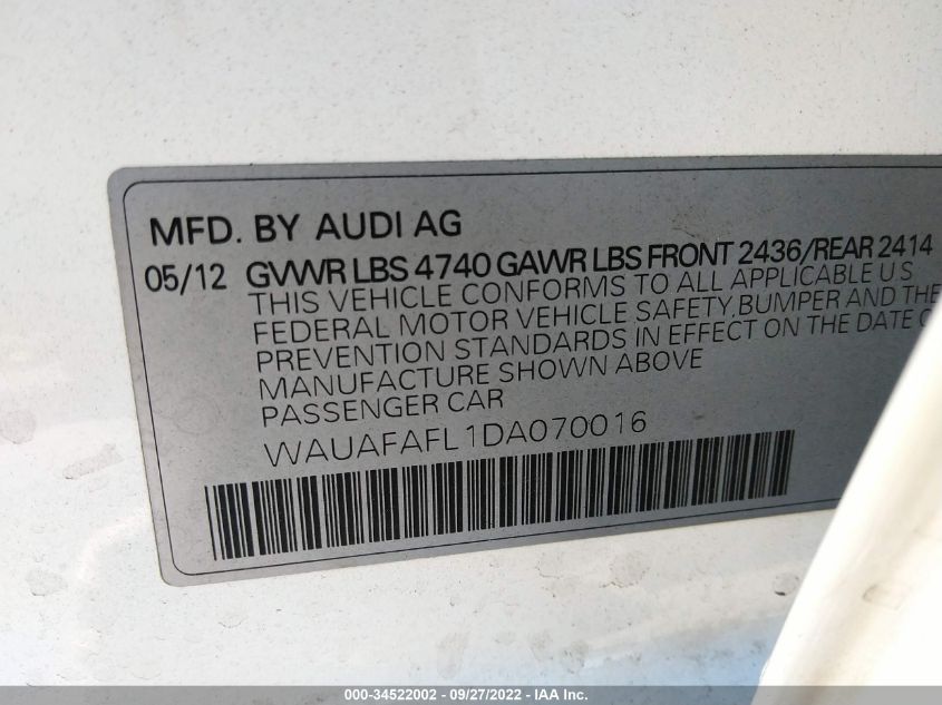 2013 AUDI A4 PREMIUM WAUAFAFL1DA070016