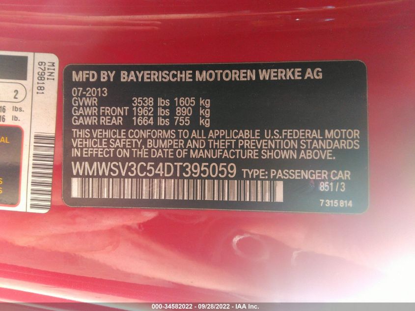 2013 MINI COOPER HARDTOP S WMWSV3C54DT395059