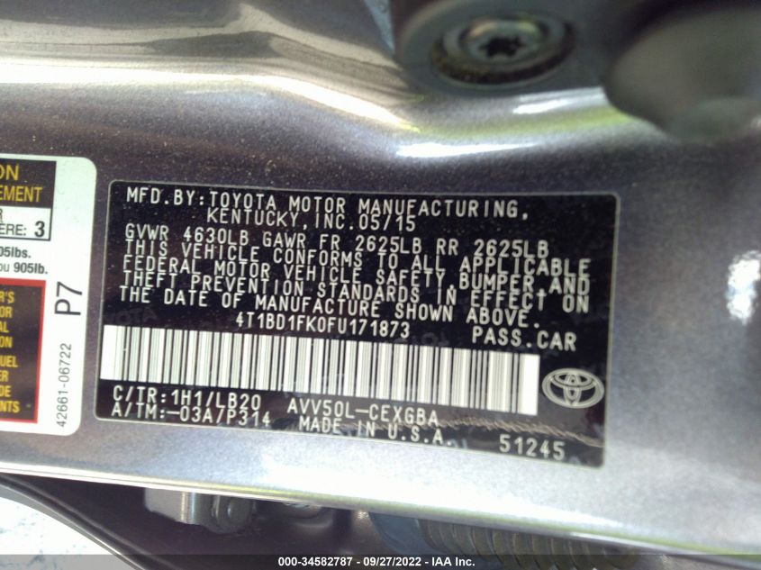 2015 TOYOTA CAMRY HYBRID LE/XLE/SE 4T1BD1FK0FU171873