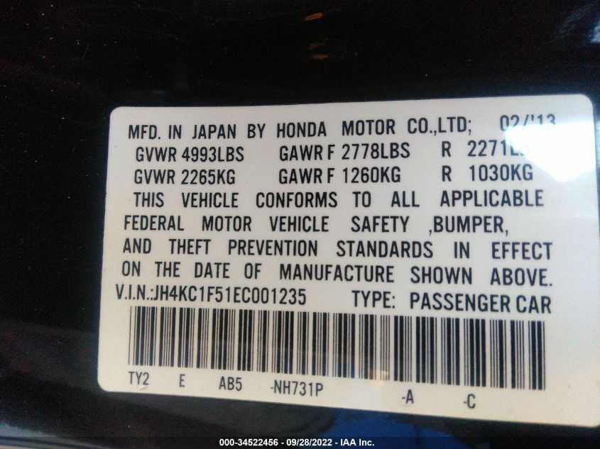 2014 ACURA RLX TECH PKG JH4KC1F51EC001235