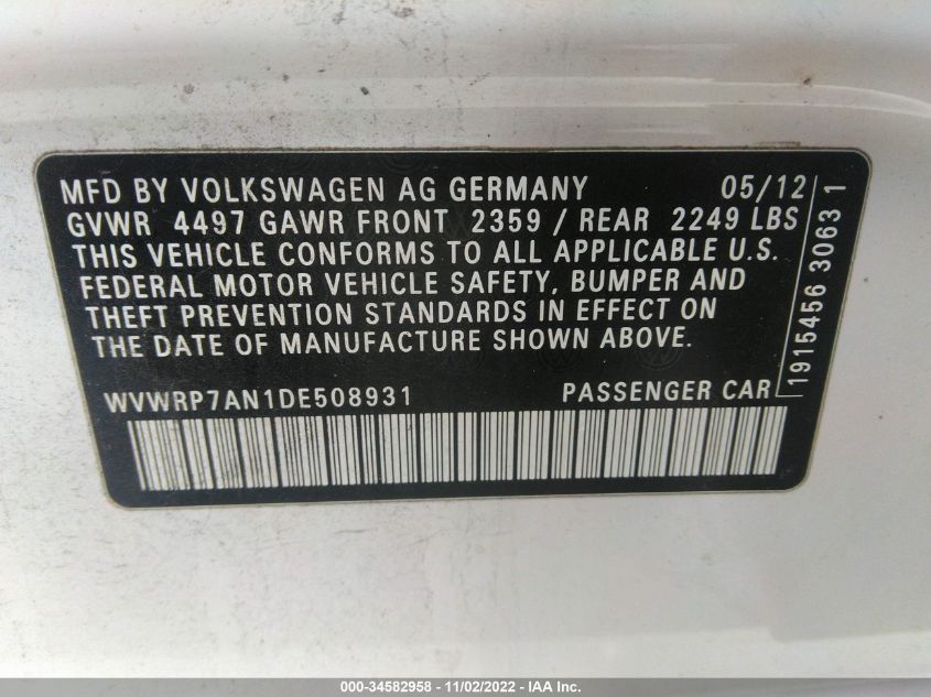 2013 VOLKSWAGEN CC LUX WVWRP7AN1DE508931