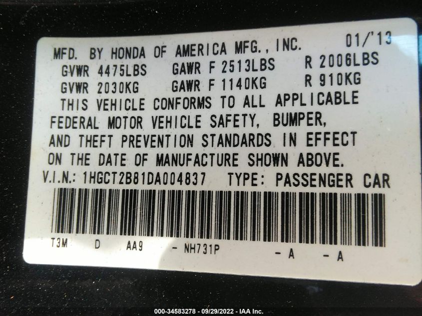 2013 HONDA ACCORD CPE EX-L 1HGCT2B81DA004837