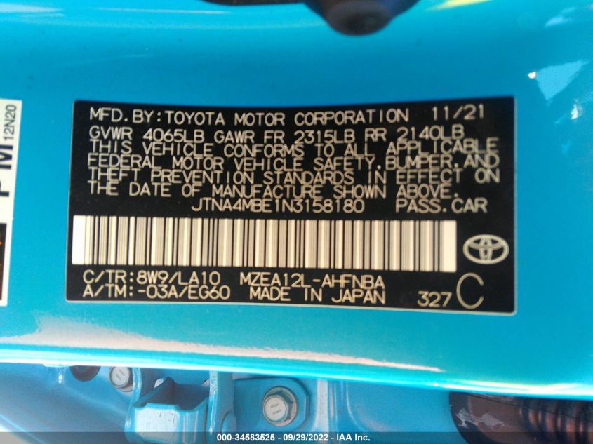 2022 TOYOTA COROLLA HATCHBACK XSE JTNA4MBE1N3158180