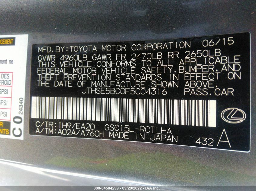 2015 LEXUS RC 350 JTHSE5BC0F5004316