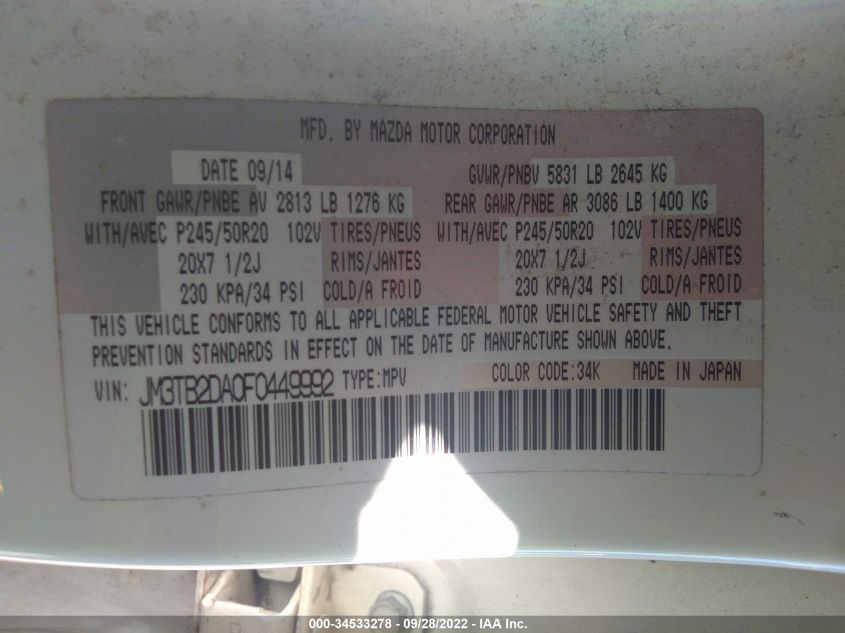 2015 MAZDA CX-9 GRAND TOURING JM3TB2DA0F0449992