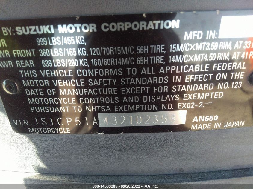 2003 SUZUKI AN650 K3 JS1CP51A432102353