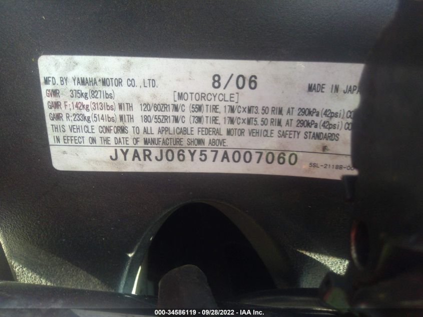 2007 YAMAHA YZFR6 S JYARJ06Y57A007060