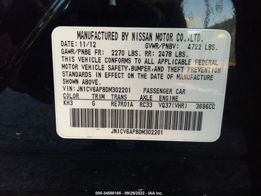 2013 INFINITI G37 SEDAN JOURNEY JN1CV6AP8DM302201