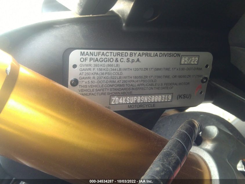 2022 APRILIA RS 660 FACTORY LIMITED ZD4KSUP09NS000319