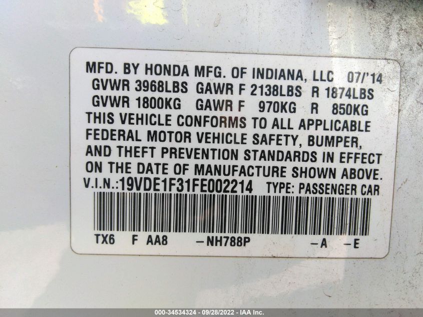 2015 ACURA ILX 19VDE1F31FE002214