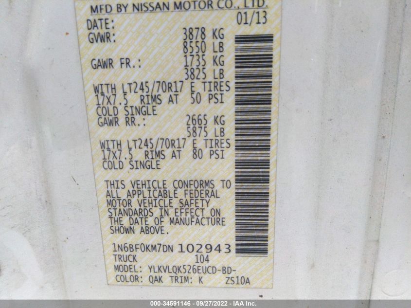 2013 NISSAN NV S 1N6BF0KM7DN102943
