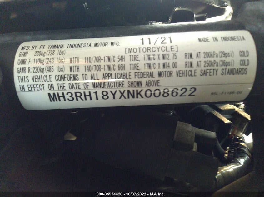 VIN MH3RH18YXNK008622 2022 YAMAHA YZFR3 A