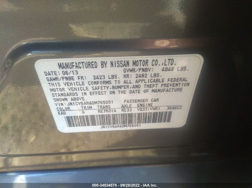 2013 INFINITI G37 SEDAN X JN1CV6AR4DM765051