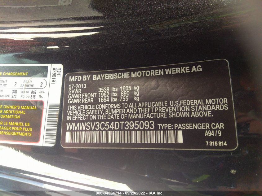 2013 MINI COOPER HARDTOP S WMWSV3C54DT395093