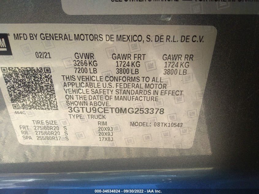 VIN 3GTU9CET0MG253378 2021 GMC SIERRA 1500 no.9