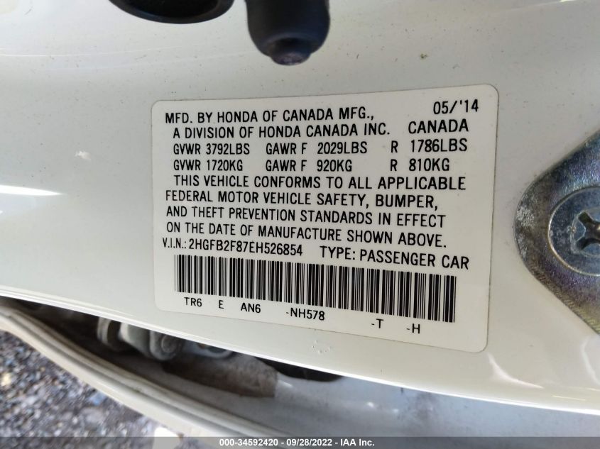 2014 HONDA CIVIC SEDAN EX 2HGFB2F87EH526854