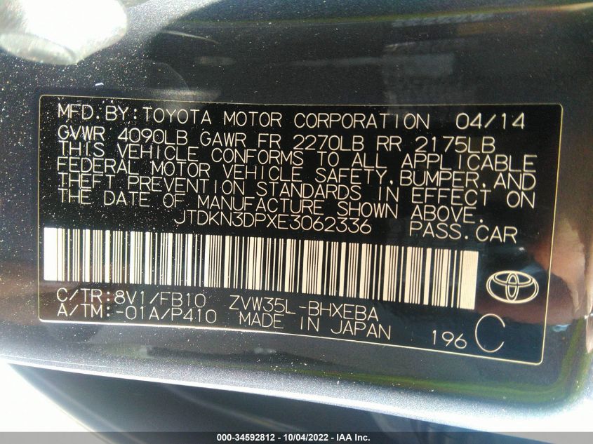 2014 TOYOTA PRIUS PLUG-IN JTDKN3DPXE3062336