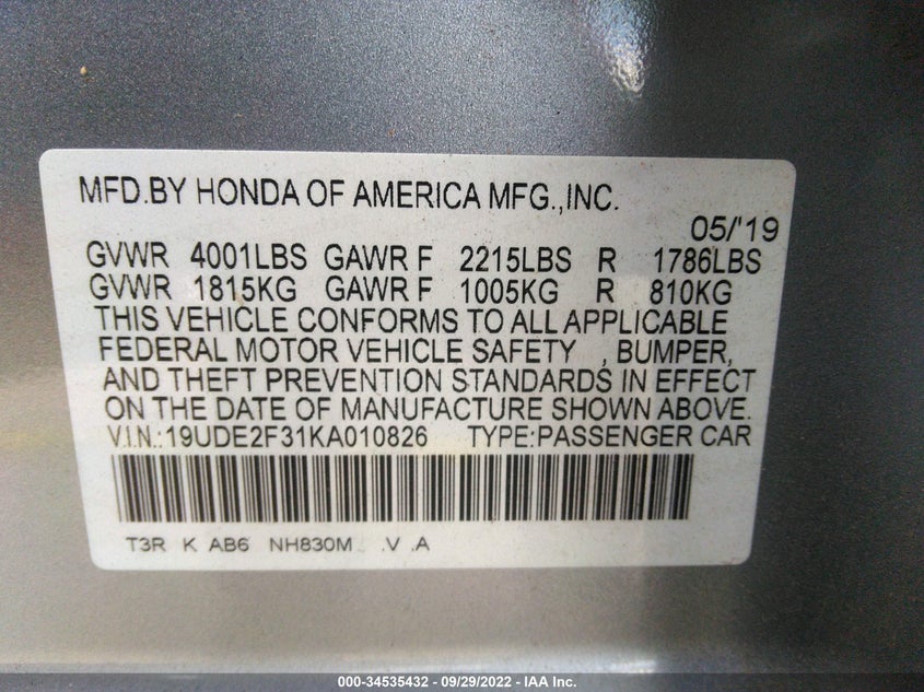 VIN 19UDE2F31KA010826 2019 ACURA ILX