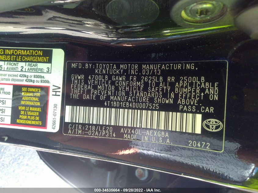 2013 TOYOTA AVALON HYBRID XLE PREMIUM 4T1BD1EB4DU007525