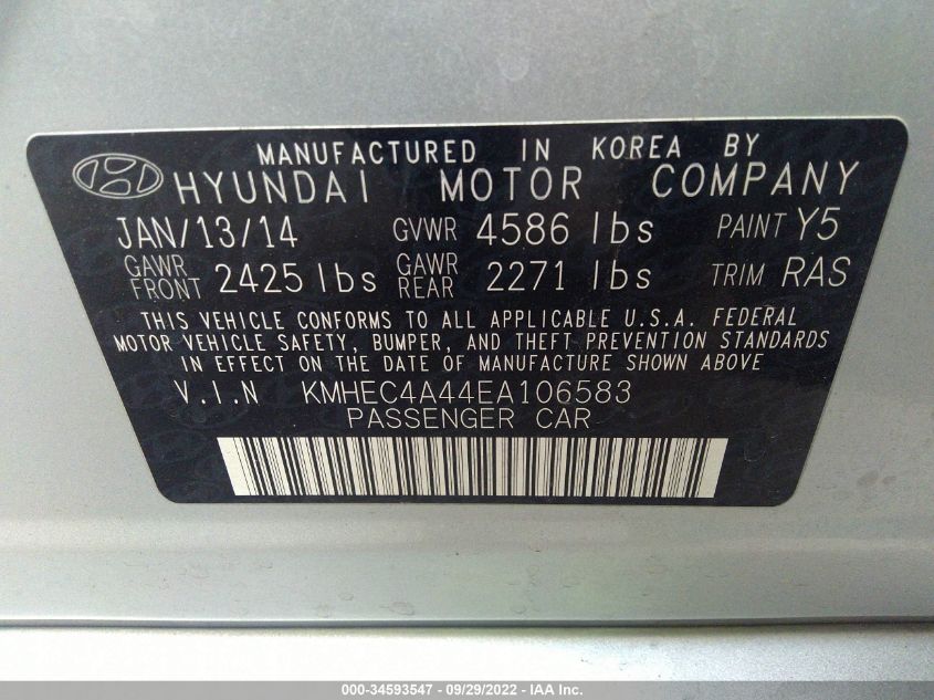 2014 HYUNDAI SONATA HYBRID LIMITED KMHEC4A44EA106583