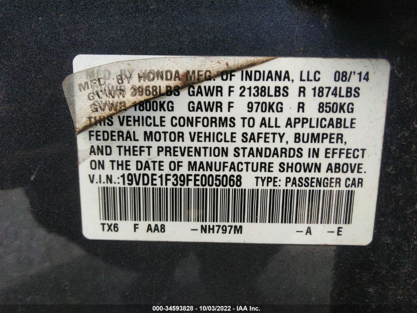 2015 ACURA ILX 19VDE1F39FE005068