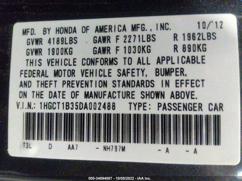 2013 HONDA ACCORD CPE LX-S 1HGCT1B35DA002488
