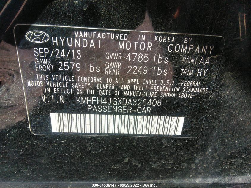 2013 HYUNDAI AZERA KMHFH4JGXDA326406