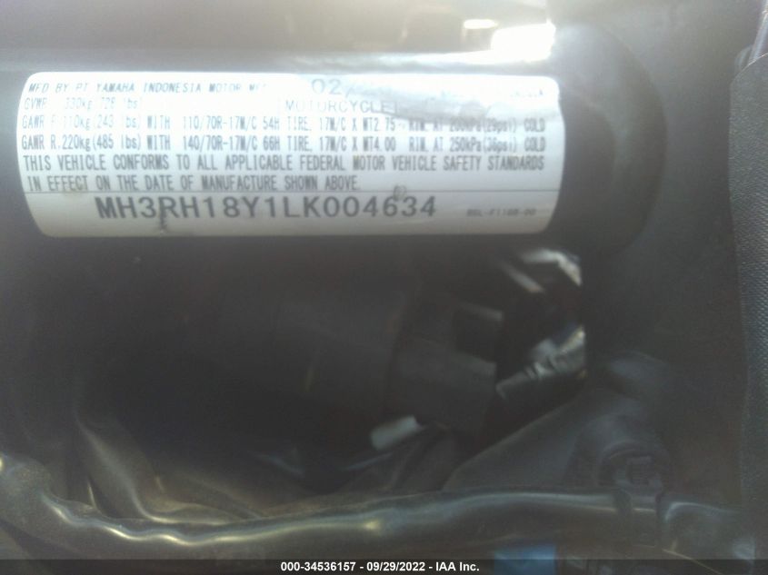 2020 YAMAHA YZFR3 A MH3RH18Y1LK004634