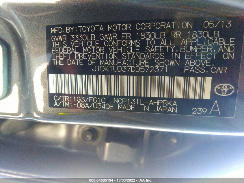 2013 TOYOTA YARIS L/LE/SE JTDKTUD37DD572371