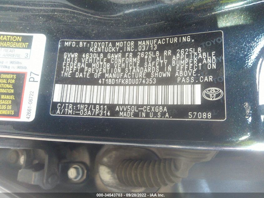2013 TOYOTA CAMRY HYBRID LE/XLE 4T1BD1FK8DU074353