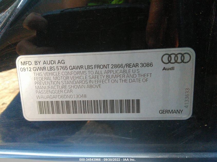 2013 AUDI A8 3.0L WAUAGAFD6DN013048