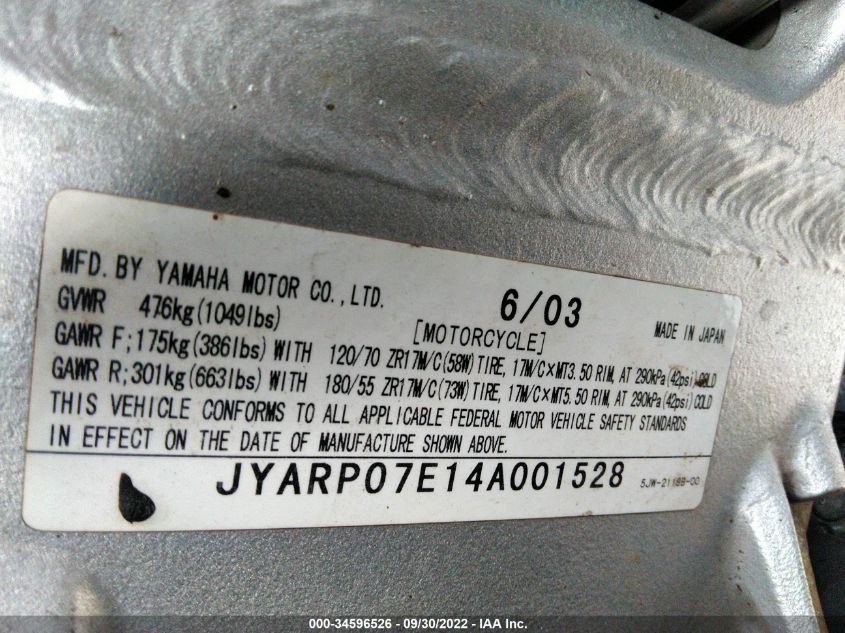 2004 YAMAHA FJR1300 JYARP07E14A001528