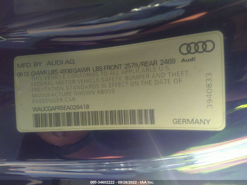 2014 AUDI S5 PREMIUM PLUS WAUCGAFR5EA026418