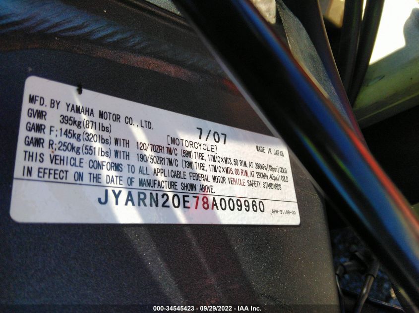 2008 YAMAHA YZFR1 JYARN20E78A009960