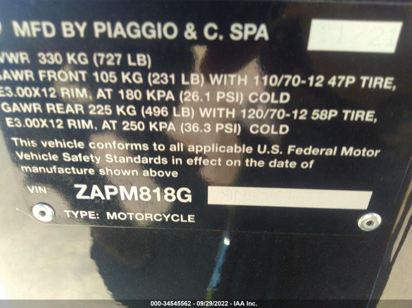 2022 VESPA PRIMAVERA ZAPM818G9N5906321