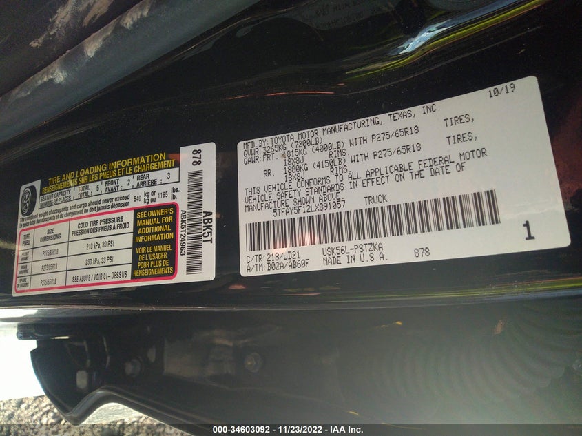 Auction sale of the 2020 Toyota TUNDRA 4WD , vin: 5TFAY5F12LX891057, lot number: 34603092